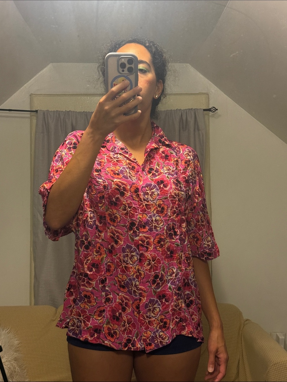 Floral Pink Button-Down Shirt with Short Sleeves